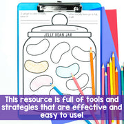 Coloring page of a jelly bean jar with colored pencils on a clipboard.