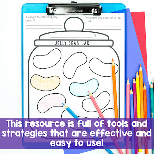 Coloring page of a jelly bean jar with colored pencils on a clipboard.