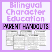 Bilingual character education parent handouts on a purple background