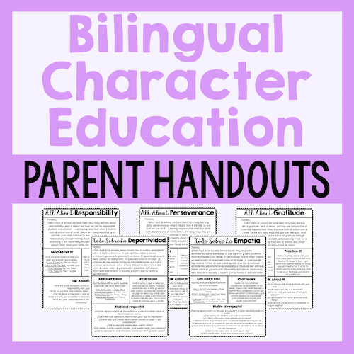 Bilingual character education parent handouts on a purple background