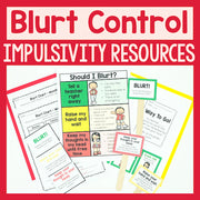Blurt control impulsivity resources with colorful charts and signs on a red background