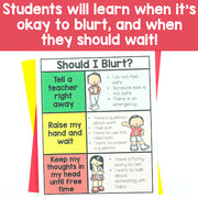 Educational poster titled 'Should I Blurt?' with illustrations and text on a red background.