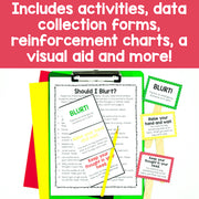 Educational materials including a clipboard, worksheets, and cards on a red background