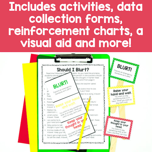 Educational materials including a clipboard, worksheets, and cards on a red background