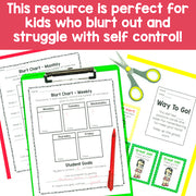 Educational materials for self-control training with a clipboard, paper, and scissors on a red background.
