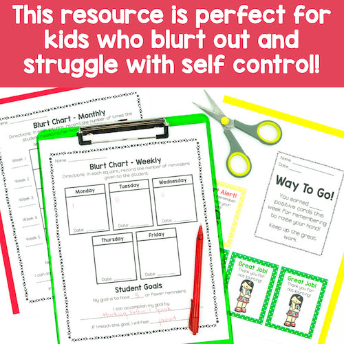 Educational materials for self-control training with a clipboard, paper, and scissors on a red background.