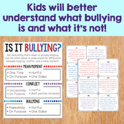 Educational materials on bullying with text and cards on a wooden surface