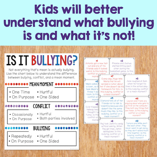 Educational materials on bullying with text and cards on a wooden surface