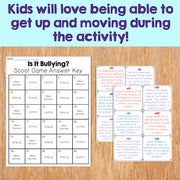 Educational materials on a wooden surface with text about kids loving physical activity during an activity.