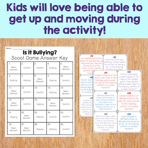 Educational materials on a wooden surface with text about kids loving physical activity during an activity.