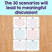 Educational posters with scenarios on a wooden surface