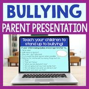 Laptop displaying a bullying prevention presentation on a classroom background
