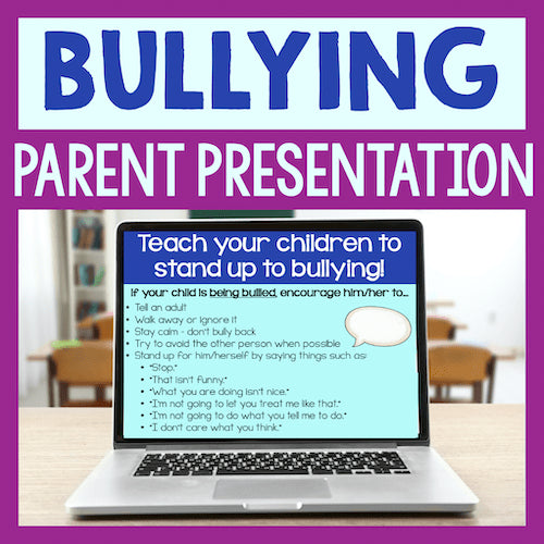 Laptop displaying a bullying prevention presentation on a classroom background
