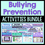 Bullying prevention activities bundle with various educational materials on a light blue background.