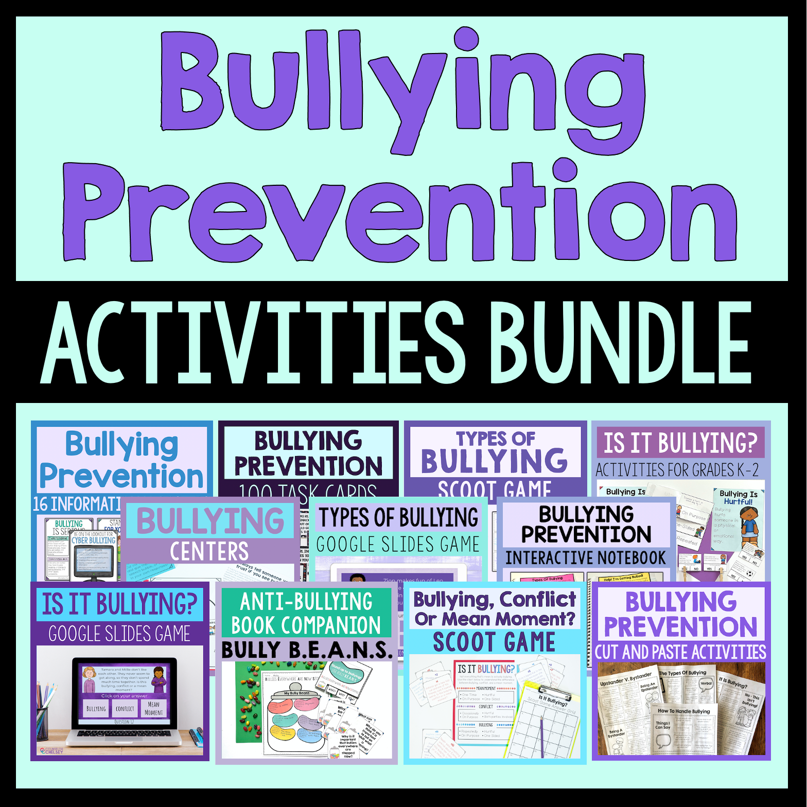 Bullying prevention activities bundle with various educational materials on a light blue background.