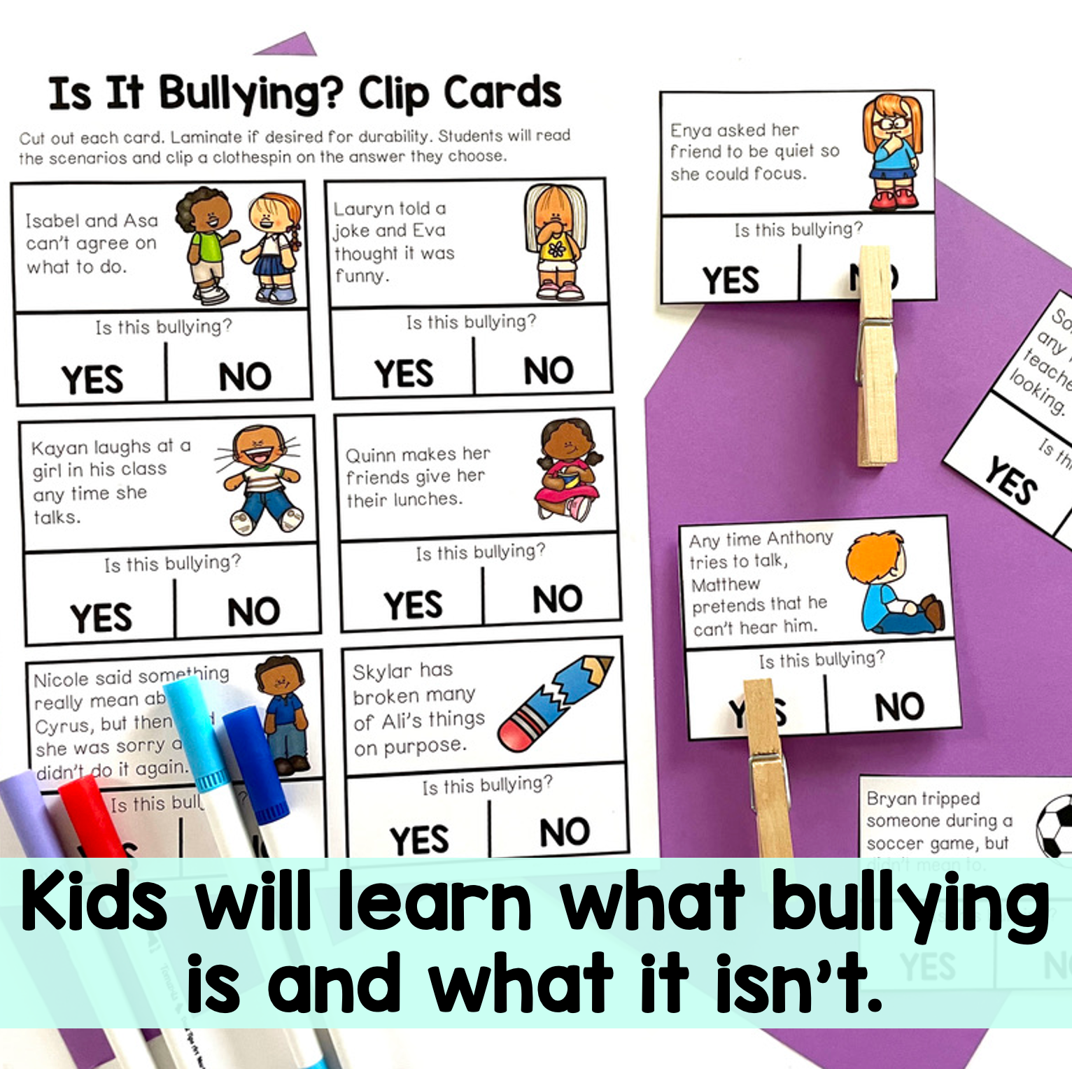Educational clip cards for teaching about bullying on a purple background with clothespins.