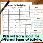 Educational game for teaching types of bullying on a wooden surface.