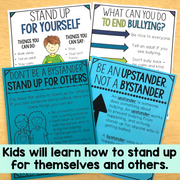 Educational posters on a wooden surface teaching children about standing up for themselves and others.