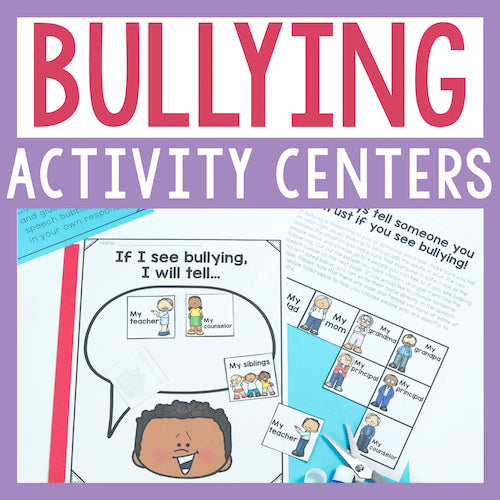 Bullying activity centers with colorful illustrations and text on a purple background