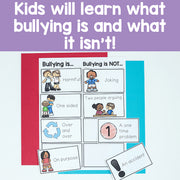 Educational material about bullying with illustrations and text on a colorful background