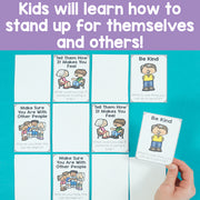 Educational cards with social emotional learning content on a teal background