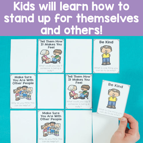 Educational cards with social emotional learning content on a teal background