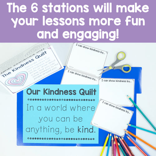 Educational materials with 'Our Kindness Quilt' and stationery items on a white background