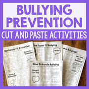 Bullying prevention cut and paste activities on a wooden surface with a purple border and text.