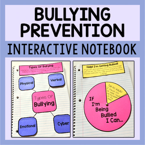 Bullying prevention interactive notebook with colorful pages on a light blue background