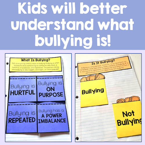 Educational materials explaining bullying on a notebook page with text overlay.
