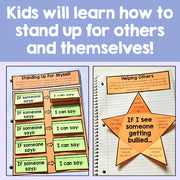 Educational materials for teaching kids about standing up for themselves and others on a blue background.