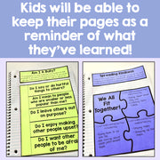 Educational materials with questions and a puzzle piece on a blue background