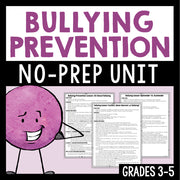 Bullying prevention no-prep unit with a cartoon character and lesson plans on a black background.