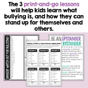 Educational materials on bullying with text about print-and-go lessons for kids.