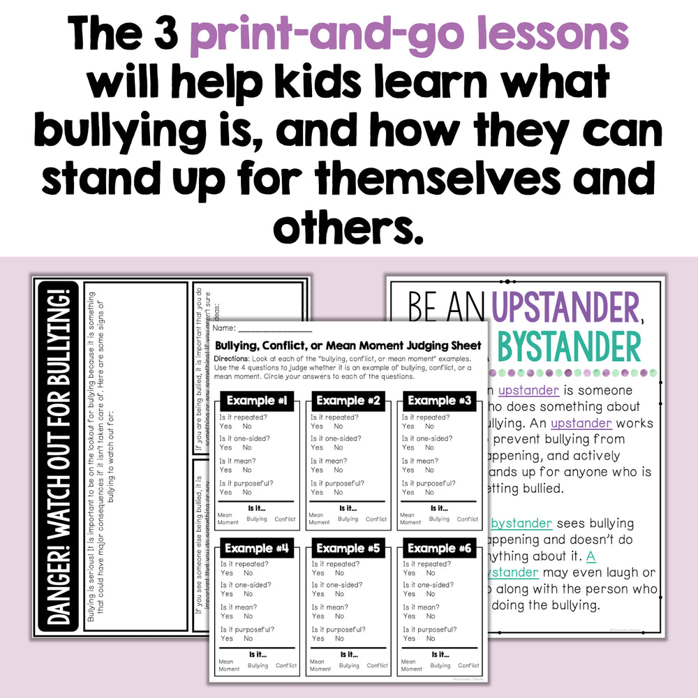 Educational materials on bullying with text about print-and-go lessons for kids.