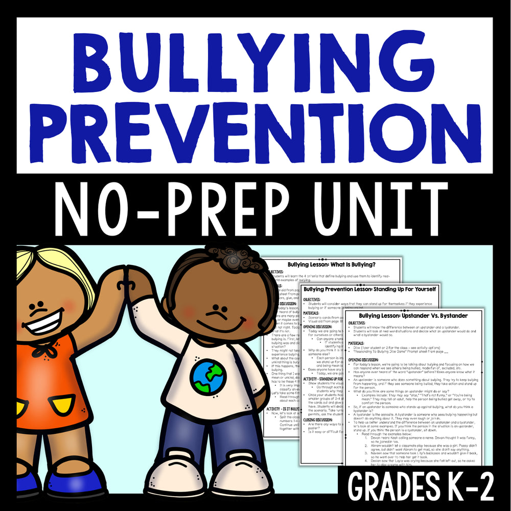 Bullying prevention no-prep unit with two children holding hands and text about grades K-2.