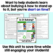 Educational materials on bullying with text about saving time and engaging students.