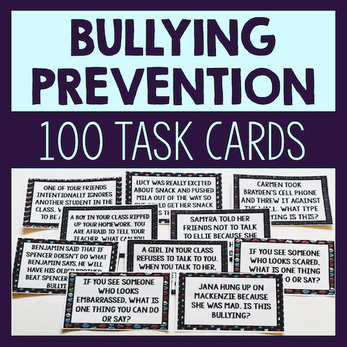 Bullying prevention task cards with questions on a blue and purple background
