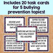 Set of 20 task cards for bullying prevention topics on a wooden surface.