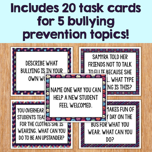 Set of 20 task cards for bullying prevention topics on a wooden surface.