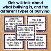 Educational posters on bullying with text examples on a wooden surface.