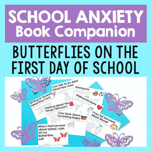 Book companion for 'Butterflies on the First Day of School' with worksheets and butterfly decorations on a blue background.