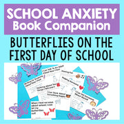 Book companion for 'Butterflies on the First Day of School' with worksheets and butterfly decorations on a blue background.