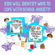 Educational materials for coping with school anxiety on a blue background