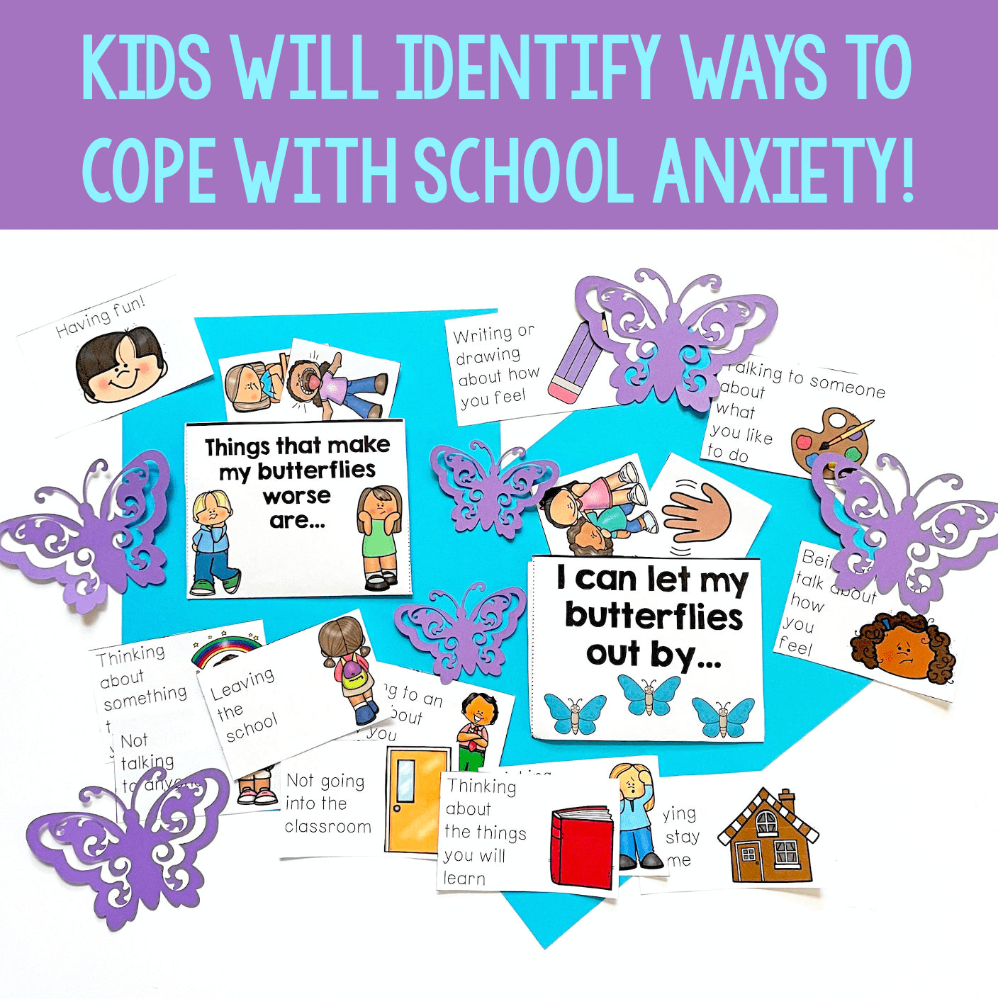 Educational materials for coping with school anxiety on a blue background