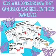 Educational materials with butterfly designs on a blue and purple background