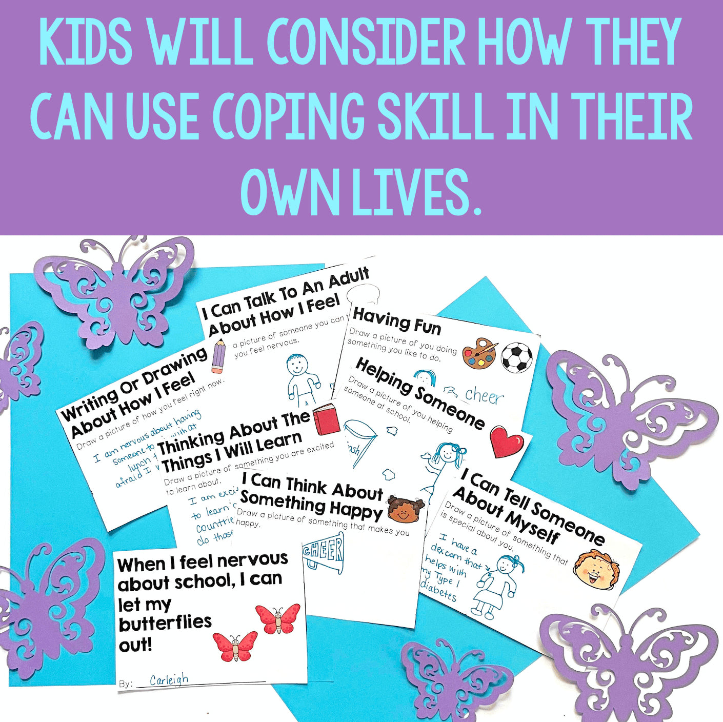 Educational materials with butterfly designs on a blue and purple background