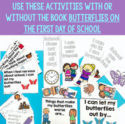 Educational materials for the first day of school with butterfly-themed activities and illustrations.