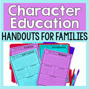 Character education handouts for families with colorful papers and pens on a light blue background