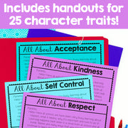 Educational handouts on character traits with colorful covers.
